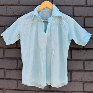 VTG Handmade Wms Embroidered Floral Sheer Blue Blouse Top Collared XS/S Cottage